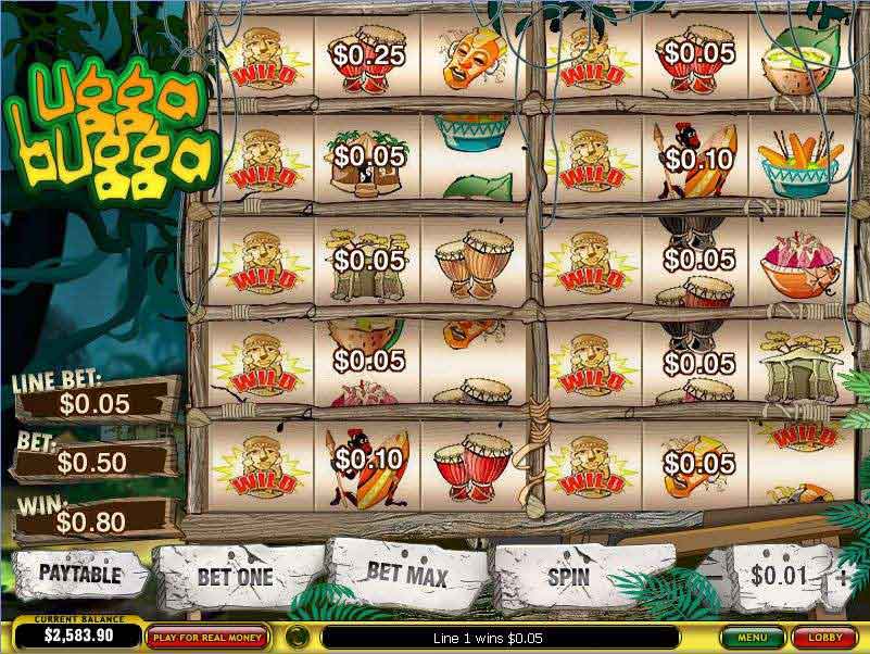 Ugga Bugga gameplay showing tribal themed symbols across 10 rows